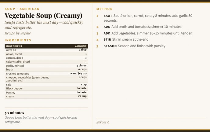 Vegetable Soup (Creamy) recipe card