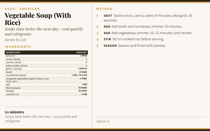 Vegetable Soup (With Rice) recipe card