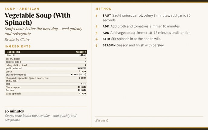 Vegetable Soup (With Spinach) recipe card