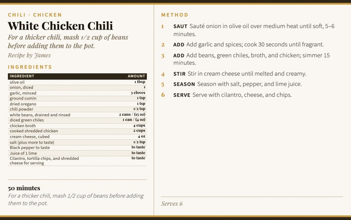 White Chicken Chili recipe card