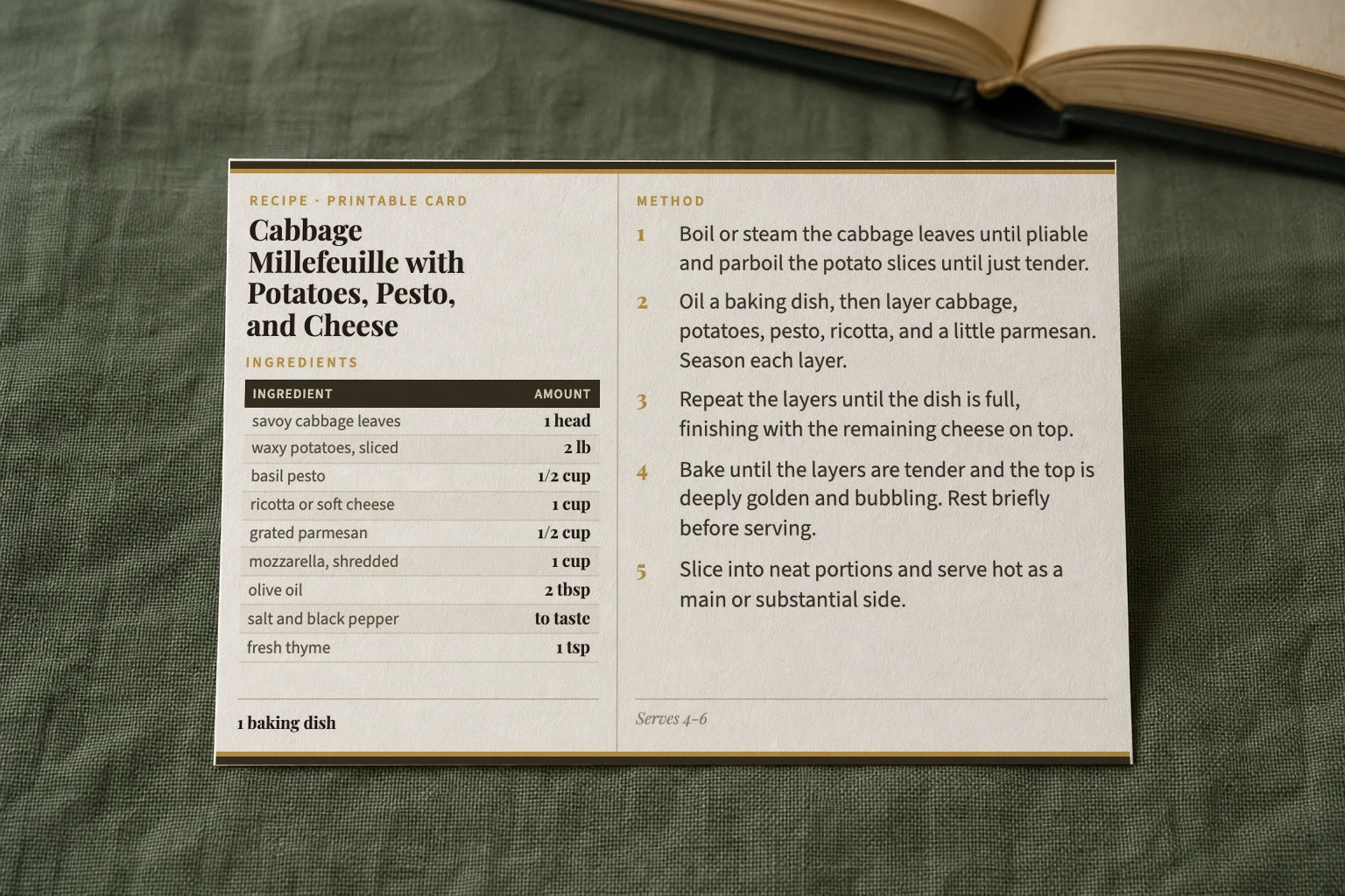 Printed cabbage millefeuille recipe card on deep sage linen beside an open cookbook