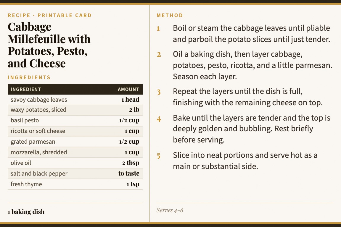Generated recipe card for Cabbage Millefeuille with Potatoes, Pesto, and Cheese