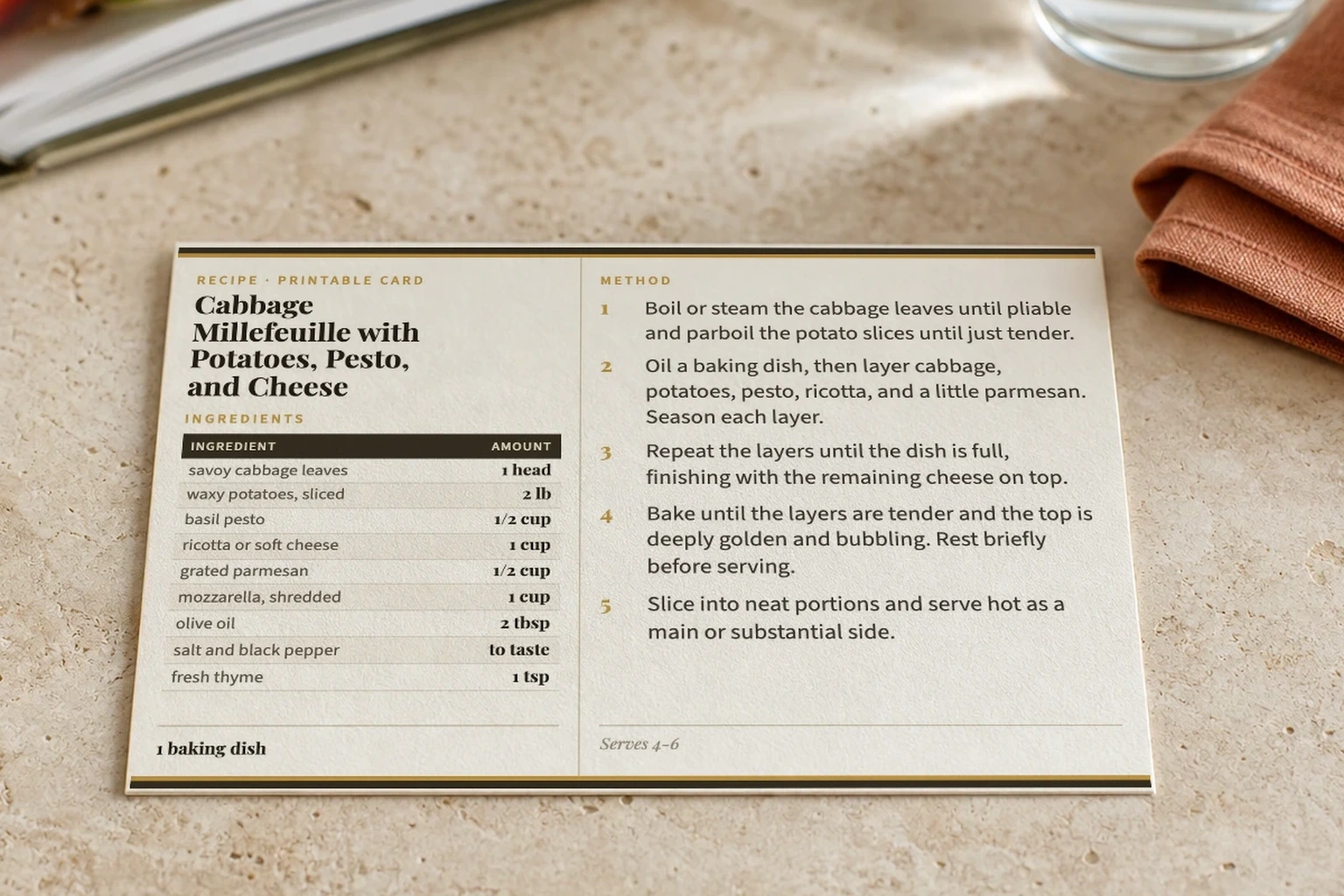 Printed cabbage millefeuille recipe card beside an open cookbook on a stone counter