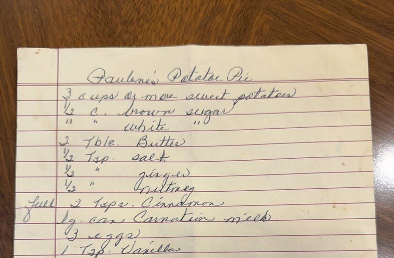 A photograph of a handwritten family recipe card