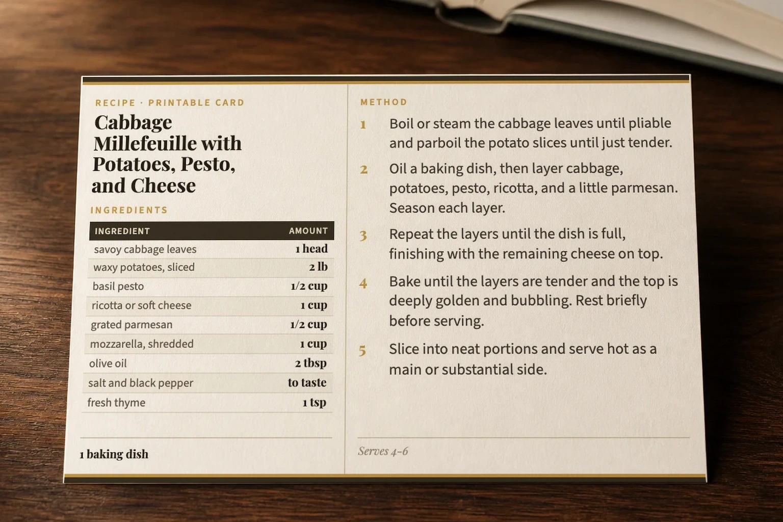 Printed cabbage millefeuille recipe card photographed beside an open cookbook